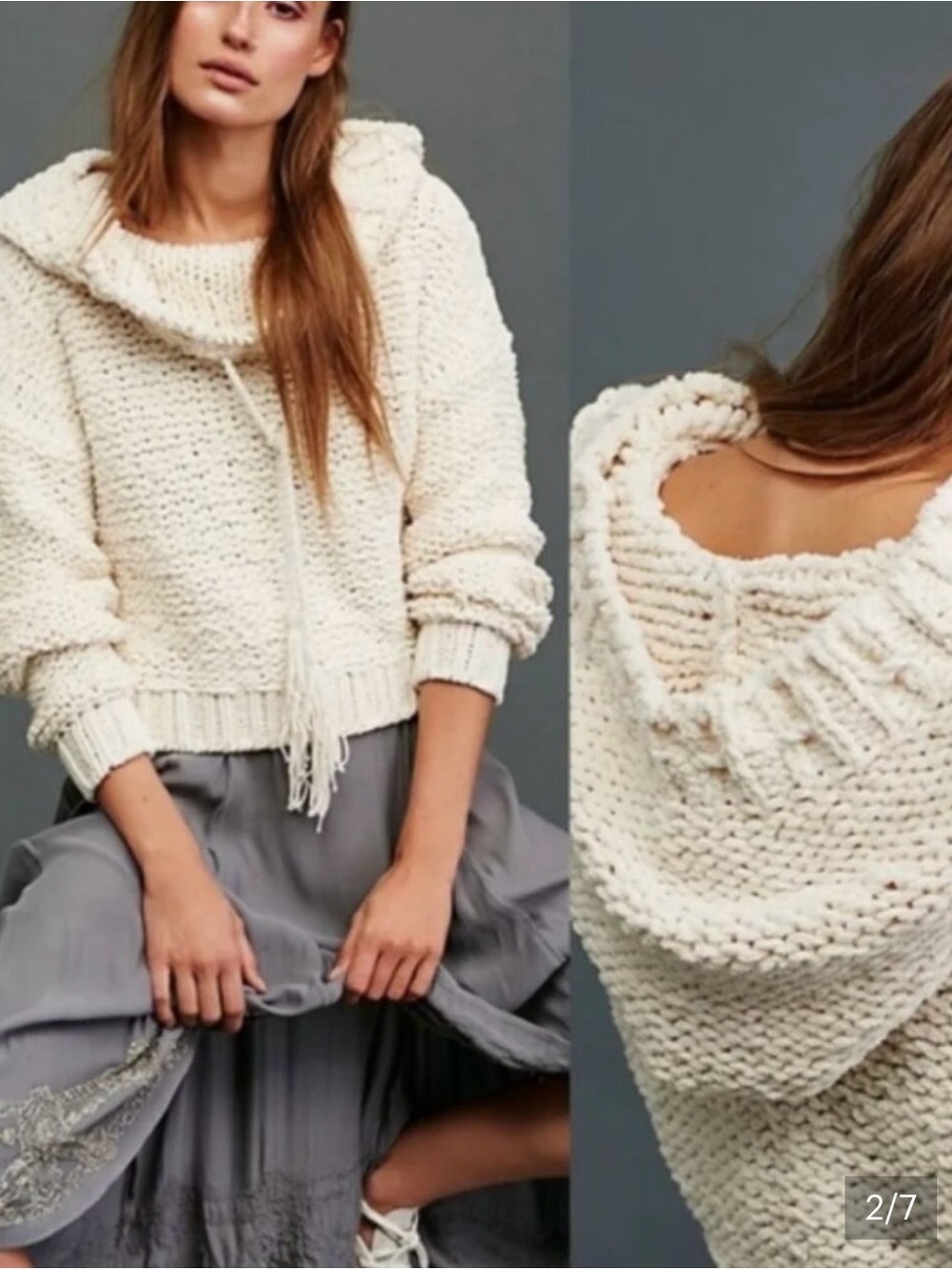 Free People Cream Chunky Knit Cowl Hoodie Sweater
